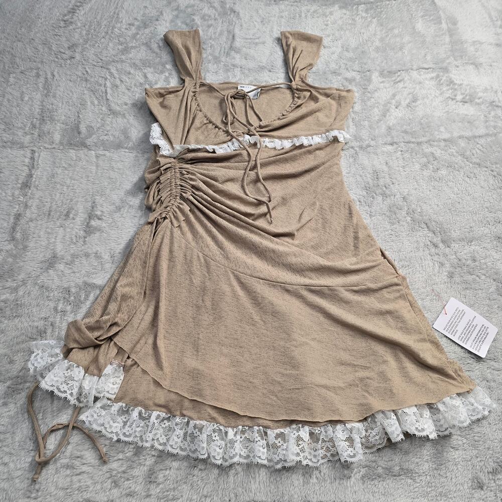 Women's Ruched Lace Trim Mini Dress Mocha Bodycon Fairycore Y2K Sz10 Date Night - Picture 2 of 8
